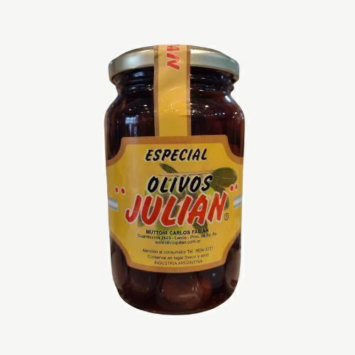 Etiqueta autoadhesiva aplicada en frasco de aceitunas negras Olivos Julián